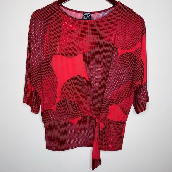 Clara Sun Woo Small Dolman Sleeve Blouse Top Red Side Tie Abstract Print EUC - Picture 1 of 7